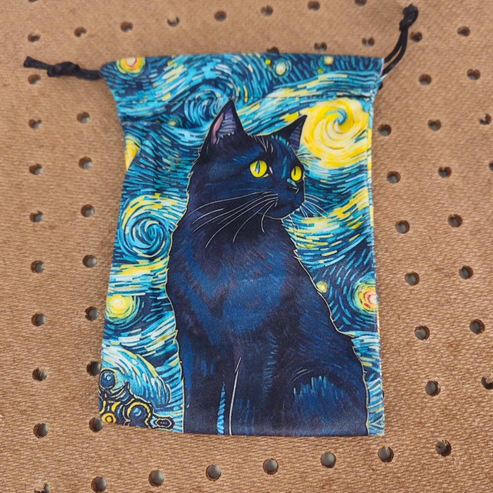 Starry Night Black Cat Drawstring Pouch Tarot Bag‎ Jewelry Gift Sack Blue Yellow